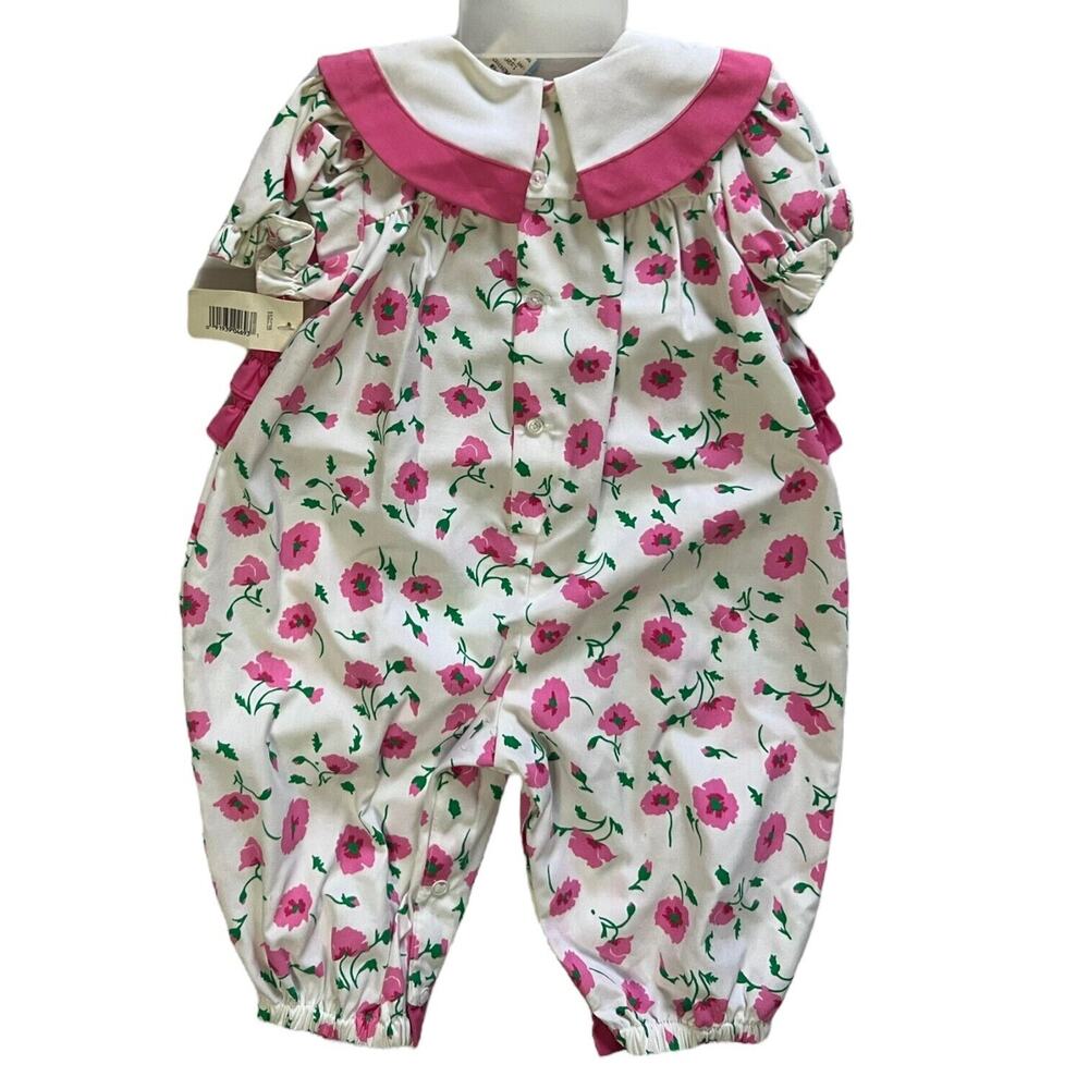 Vintage 80s Baby Pink, White, & Green Floral Collared Romper Size 6-9 Months - Picture 11 of 13